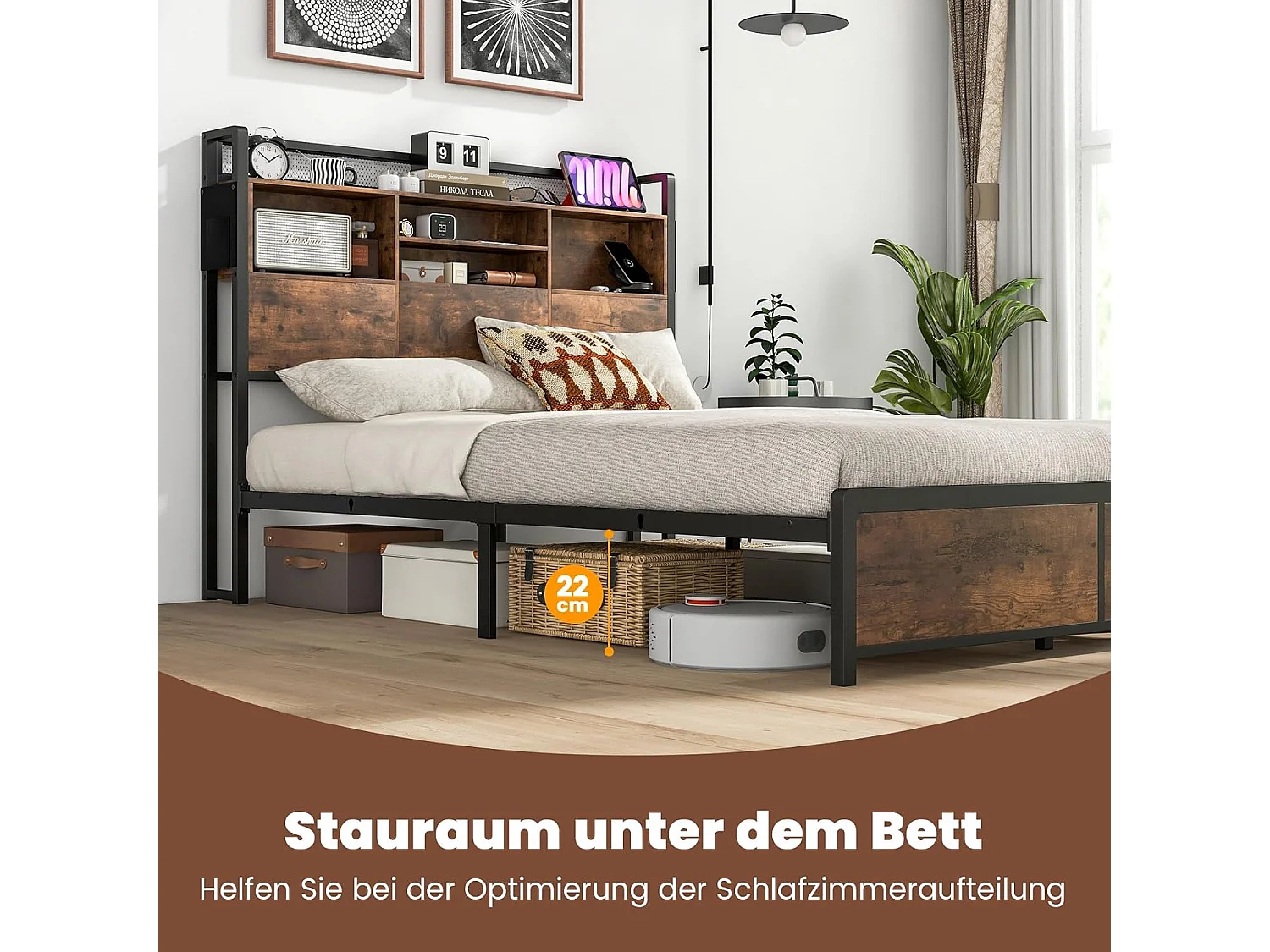 Bettgestell mit Ladestation und Lattenrost, Kopfteil mit Stauraum, ohne Matratze 140x200cm TG32866