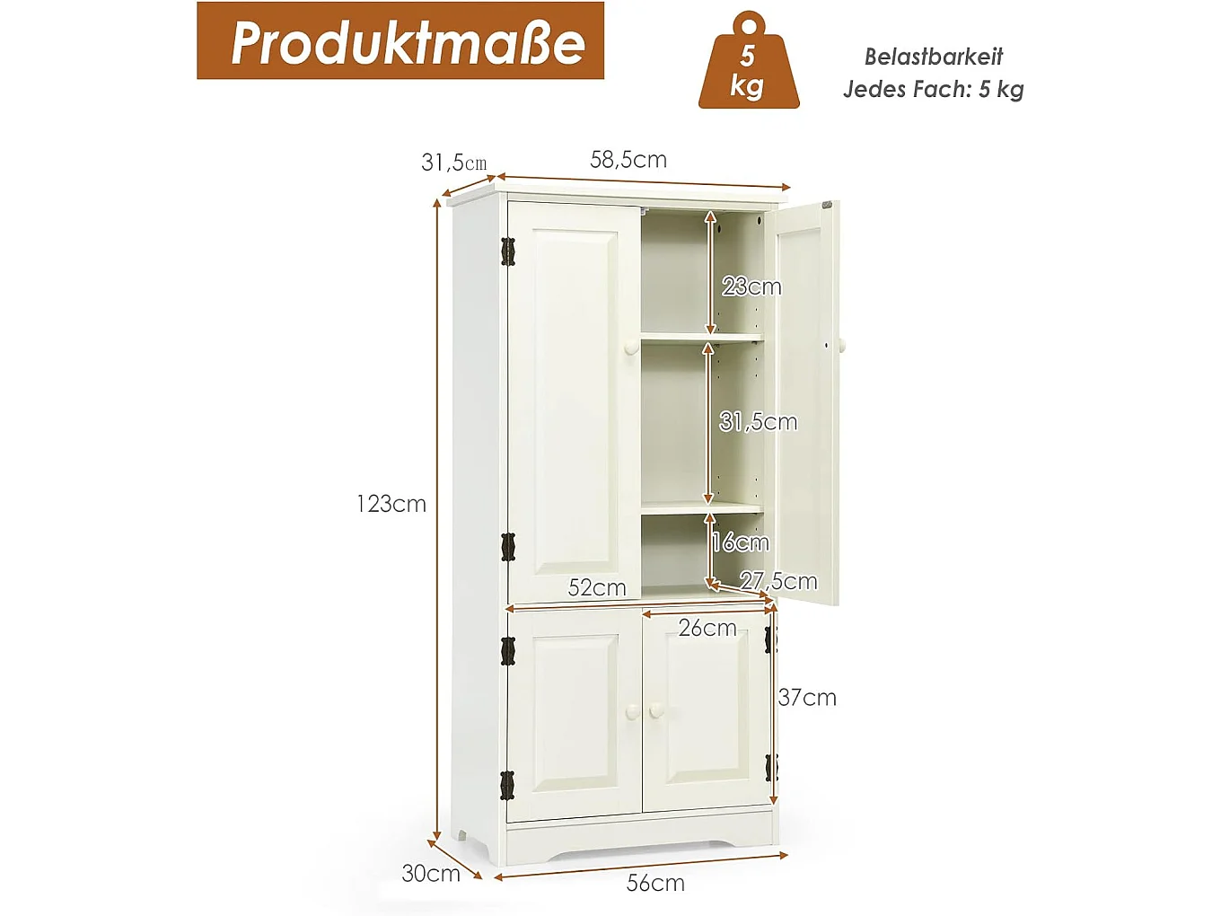 Mehrzweckschrank Vintage mit verstellbarem Regal Badschrank Flurschrank Garderobenschränke Kommode für Küche Wohn- & Schlafzimmer Weiß VL32221