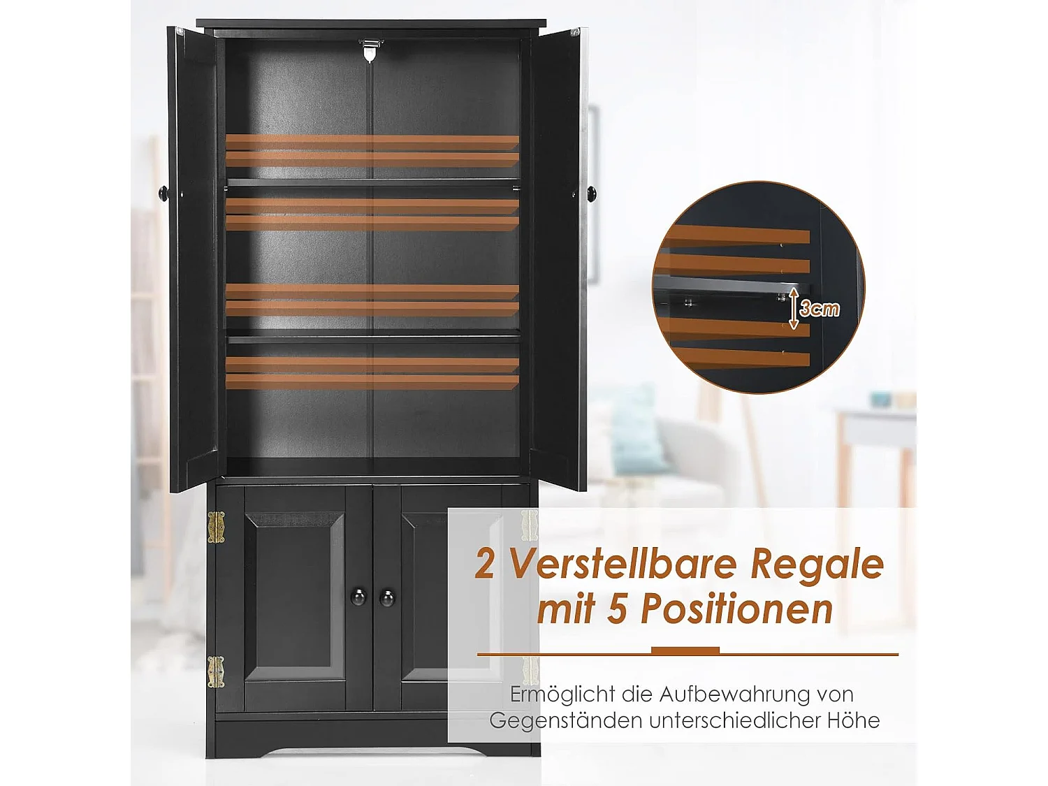 Mehrzweckschrank Vintage mit verstellbarem Regal Badschrank Flurschrank Garderobenschränke Kommode für Küche Wohn- & Schlafzimmer Schwarz VL32221