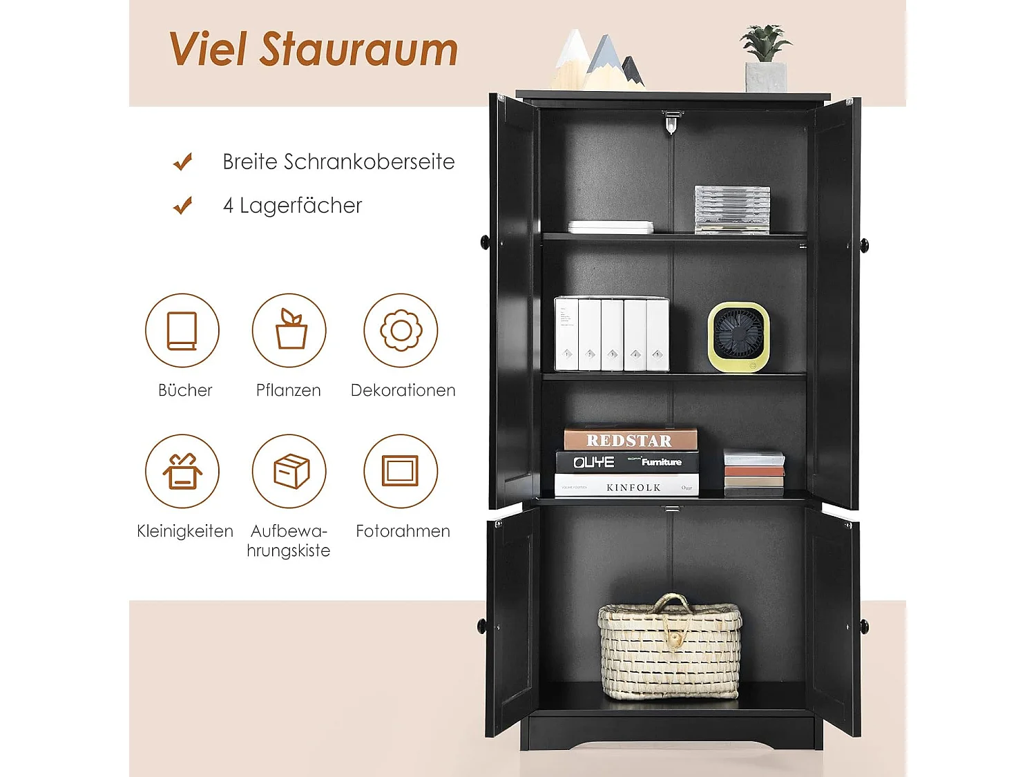 Mehrzweckschrank Vintage mit verstellbarem Regal Badschrank Flurschrank Garderobenschränke Kommode für Küche Wohn- & Schlafzimmer Schwarz VL32221