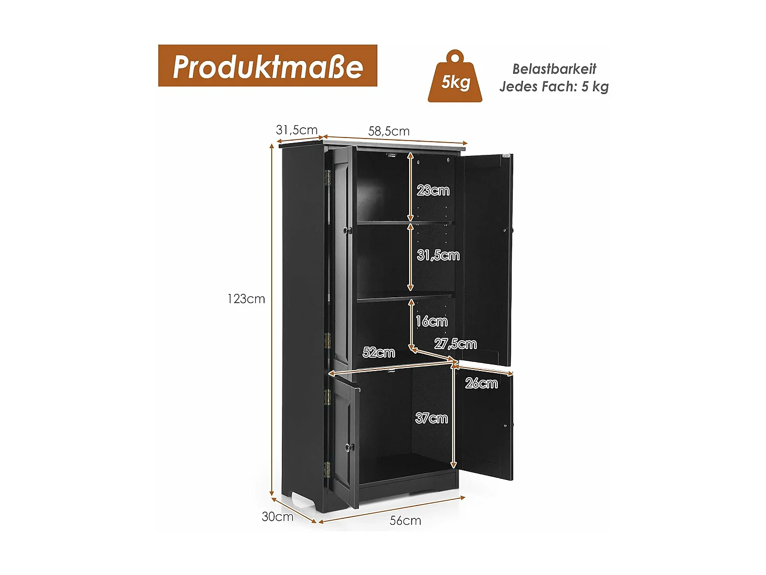 Mehrzweckschrank Vintage mit verstellbarem Regal Badschrank Flurschrank Garderobenschränke Kommode für Küche Wohn- & Schlafzimmer Schwarz VL32221