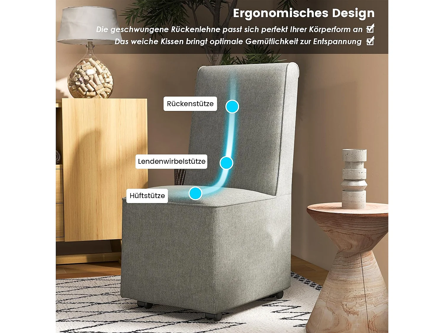 Esszimmerstuhl, Polsterstuhl Akzentstuhl Küchenstuhl, mit Widerstandsrollen & abnehmbarem Bezug, 47 x 60,5 x 98 cm, grau