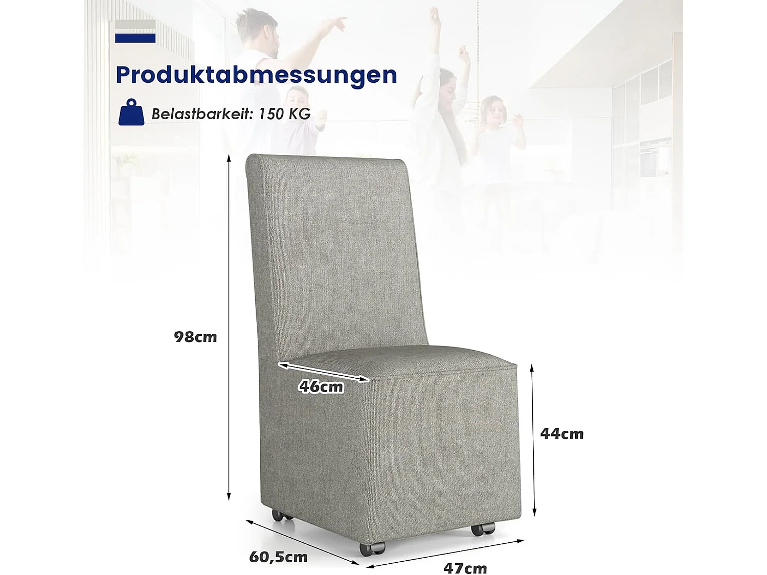 Esszimmerstuhl, Polsterstuhl Akzentstuhl Küchenstuhl, mit Widerstandsrollen & abnehmbarem Bezug, 47 x 60,5 x 98 cm, grau