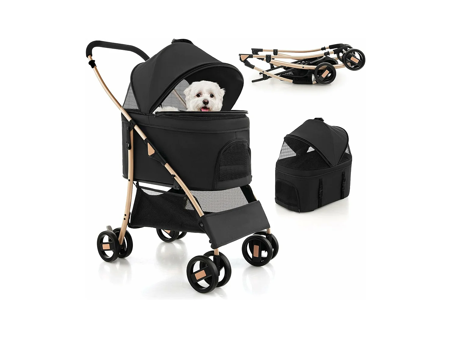 3in1 Hundewagen klappbar, Hundebuggy bis 15 kg mit Netzfenstern, Vordach, Träger, Korb Schwarz BI32295
