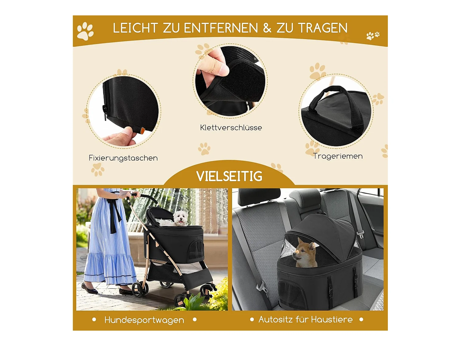 3in1 Hundewagen klappbar, Hundebuggy bis 15 kg mit Netzfenstern, Vordach, Träger, Korb Schwarz BI32295