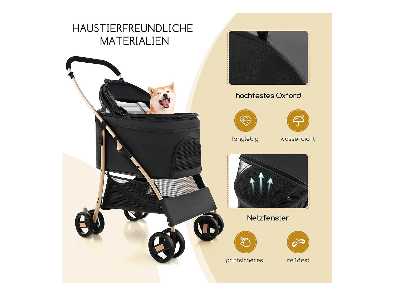 3in1 Hundewagen klappbar, Hundebuggy bis 15 kg mit Netzfenstern, Vordach, Träger, Korb Schwarz BI32295