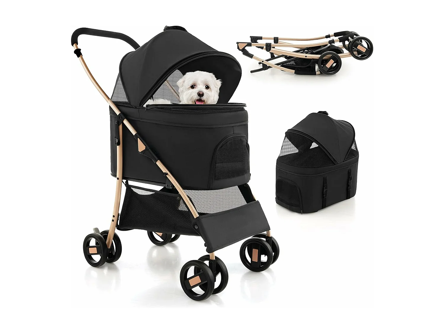 3in1 Hundewagen klappbar, Hundebuggy bis 15 kg mit Netzfenstern, Vordach, Träger, Korb Schwarz BI32295