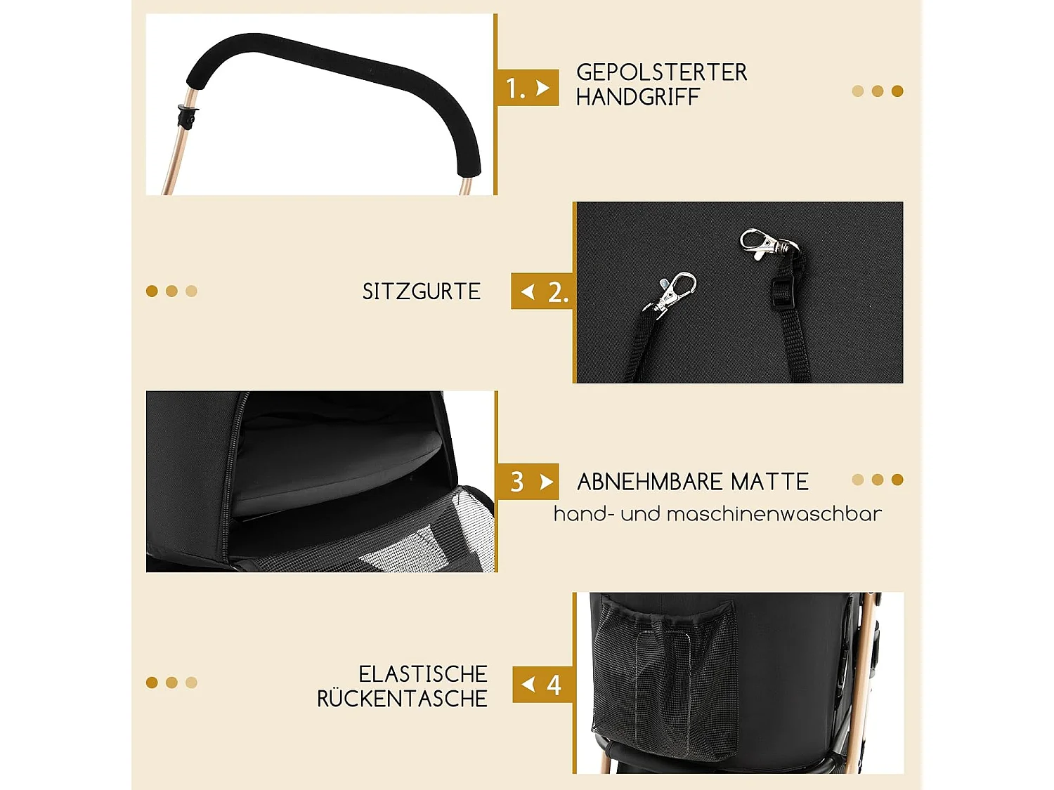 3in1 Hundewagen klappbar, Hundebuggy bis 15 kg mit Netzfenstern, Vordach, Träger, Korb Schwarz BI32295