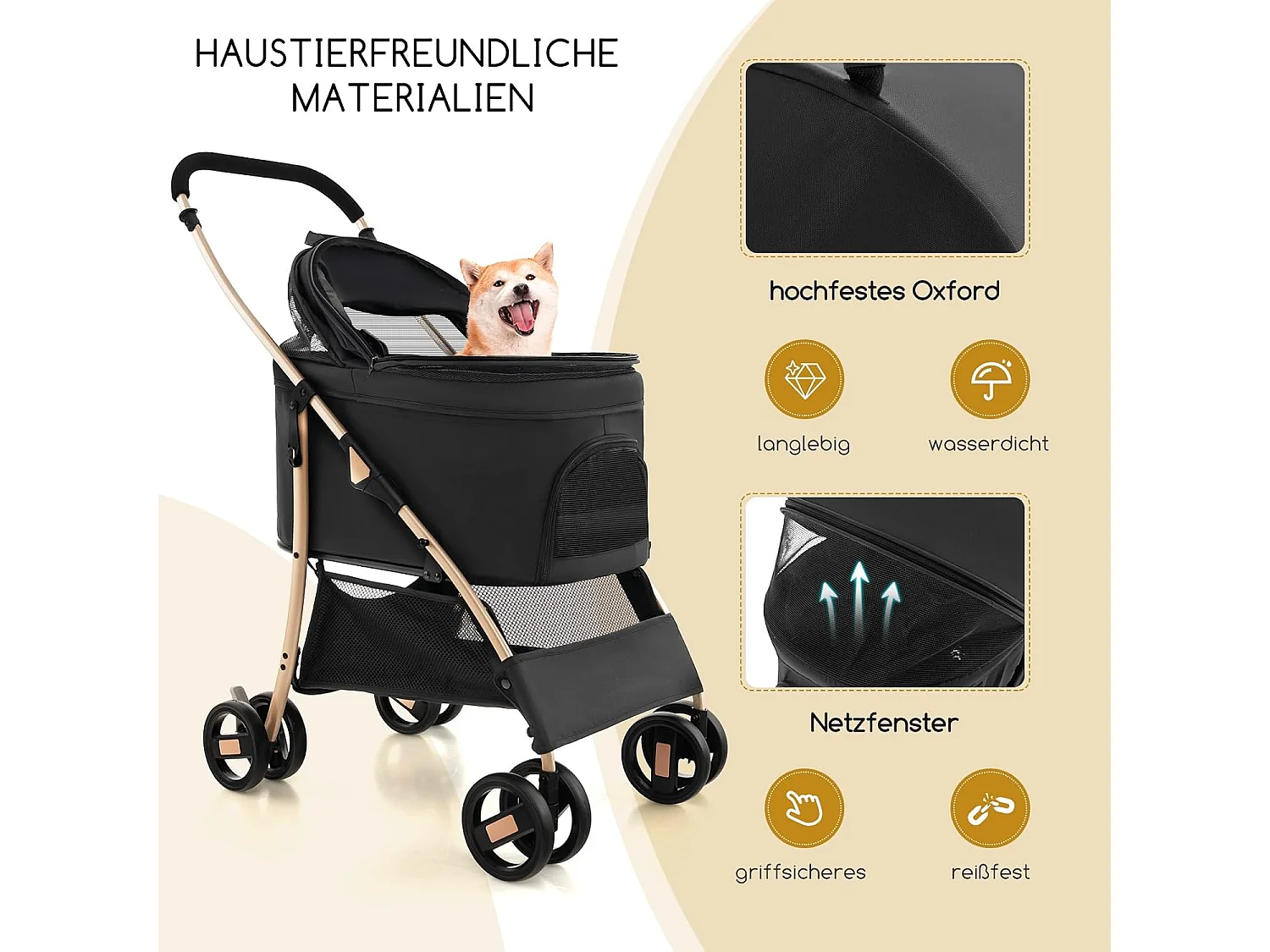 3in1 Hundewagen klappbar, Hundebuggy bis 15 kg mit Netzfenstern, Vordach, Träger, Korb Schwarz BI32295