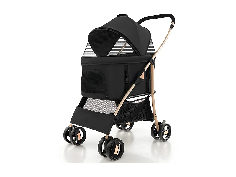 3in1 Hundewagen klappbar, Hundebuggy bis 15 kg mit Netzfenstern, Vordach, Träger, Korb Schwarz BI32295
