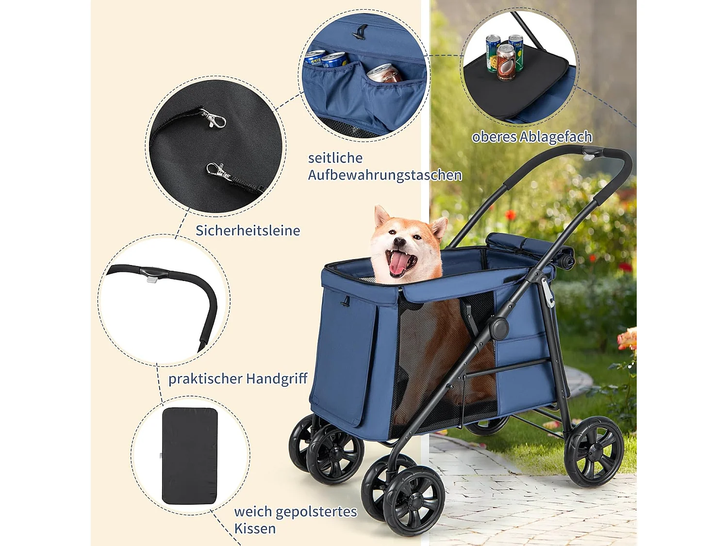 Hundewagen klappbar, Hundebuggy bis 40 kg, Hundetrolley mit Kissen, Netzfenstern, 2 Türen BI32296