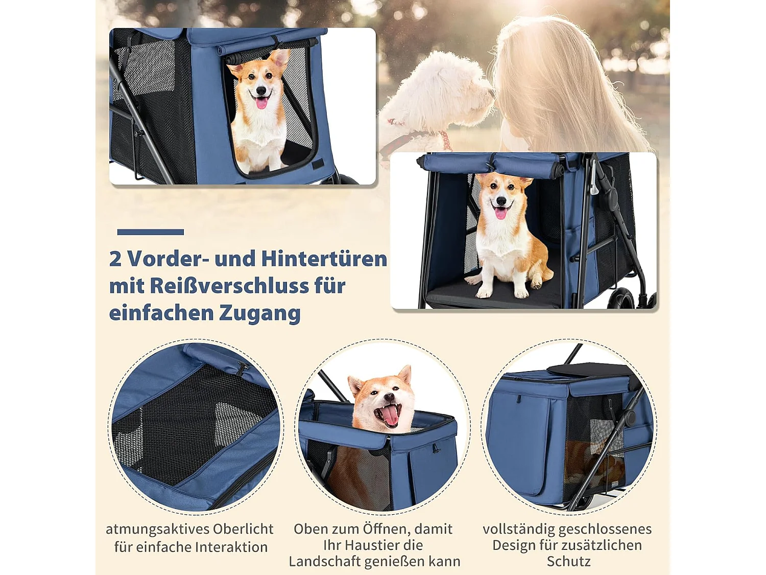 Hundewagen klappbar, Hundebuggy bis 40 kg, Hundetrolley mit Kissen, Netzfenstern, 2 Türen BI32296