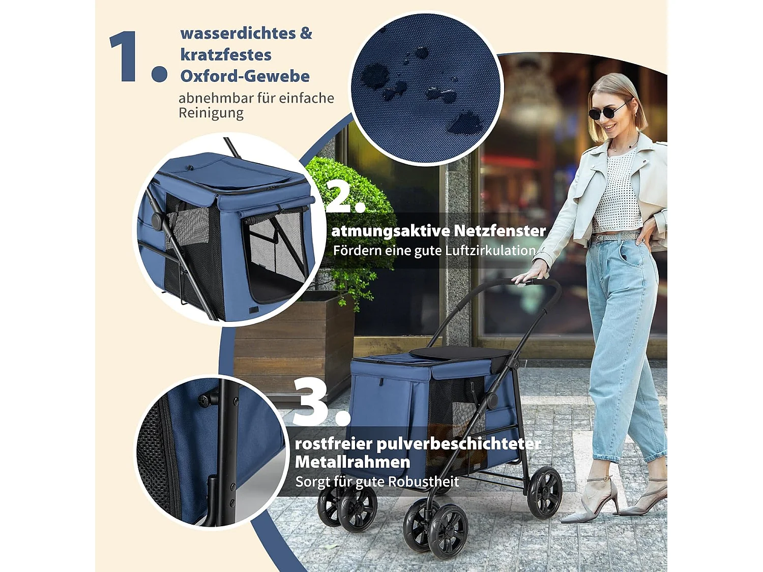 Hundewagen klappbar, Hundebuggy bis 40 kg, Hundetrolley mit Kissen, Netzfenstern, 2 Türen BI32296