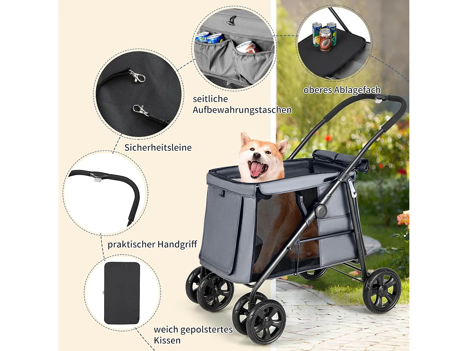 Hundewagen klappbar, Hundebuggy bis 40 kg, Hundetrolley mit Kissen, Netzfenstern, 2 Türen BI32296