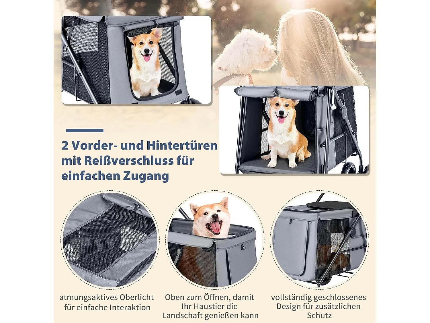 Hundewagen klappbar, Hundebuggy bis 40 kg, Hundetrolley mit Kissen, Netzfenstern, 2 Türen BI32296