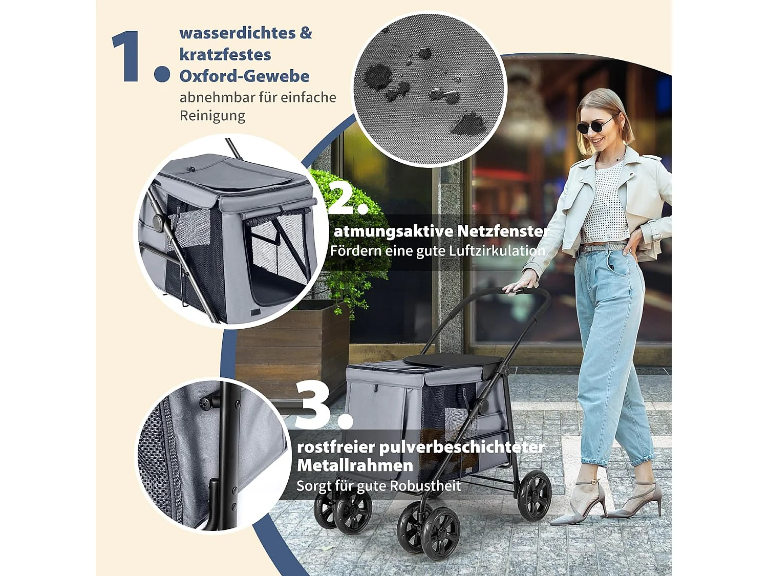 Hundewagen klappbar, Hundebuggy bis 40 kg, Hundetrolley mit Kissen, Netzfenstern, 2 Türen BI32296
