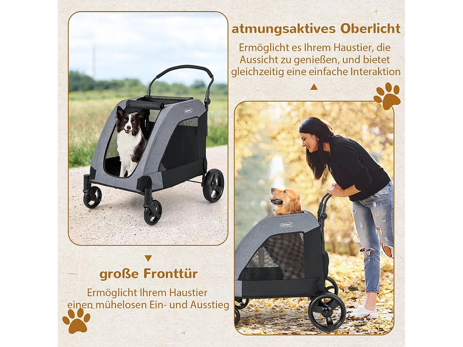 Hundewagen bis 60kg, Hundebuggy klappbar, mit Vordertür, Dachfenster, verstellbarem Griff