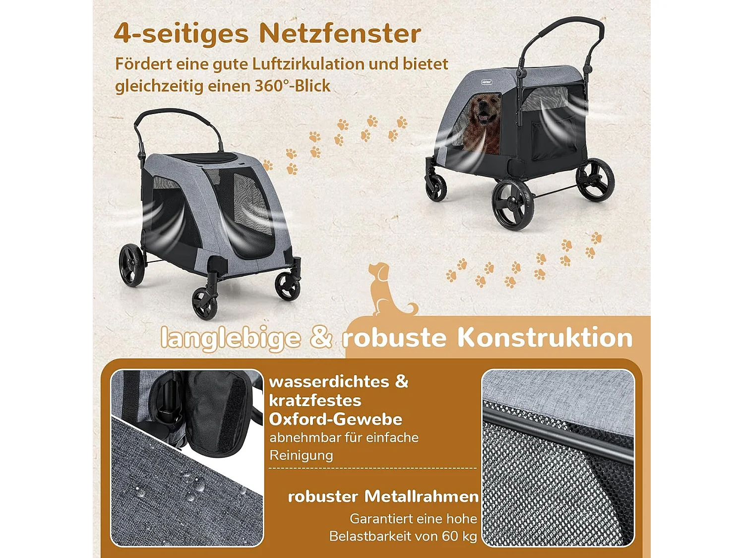 Hundewagen bis 60kg, Hundebuggy klappbar, mit Vordertür, Dachfenster, verstellbarem Griff