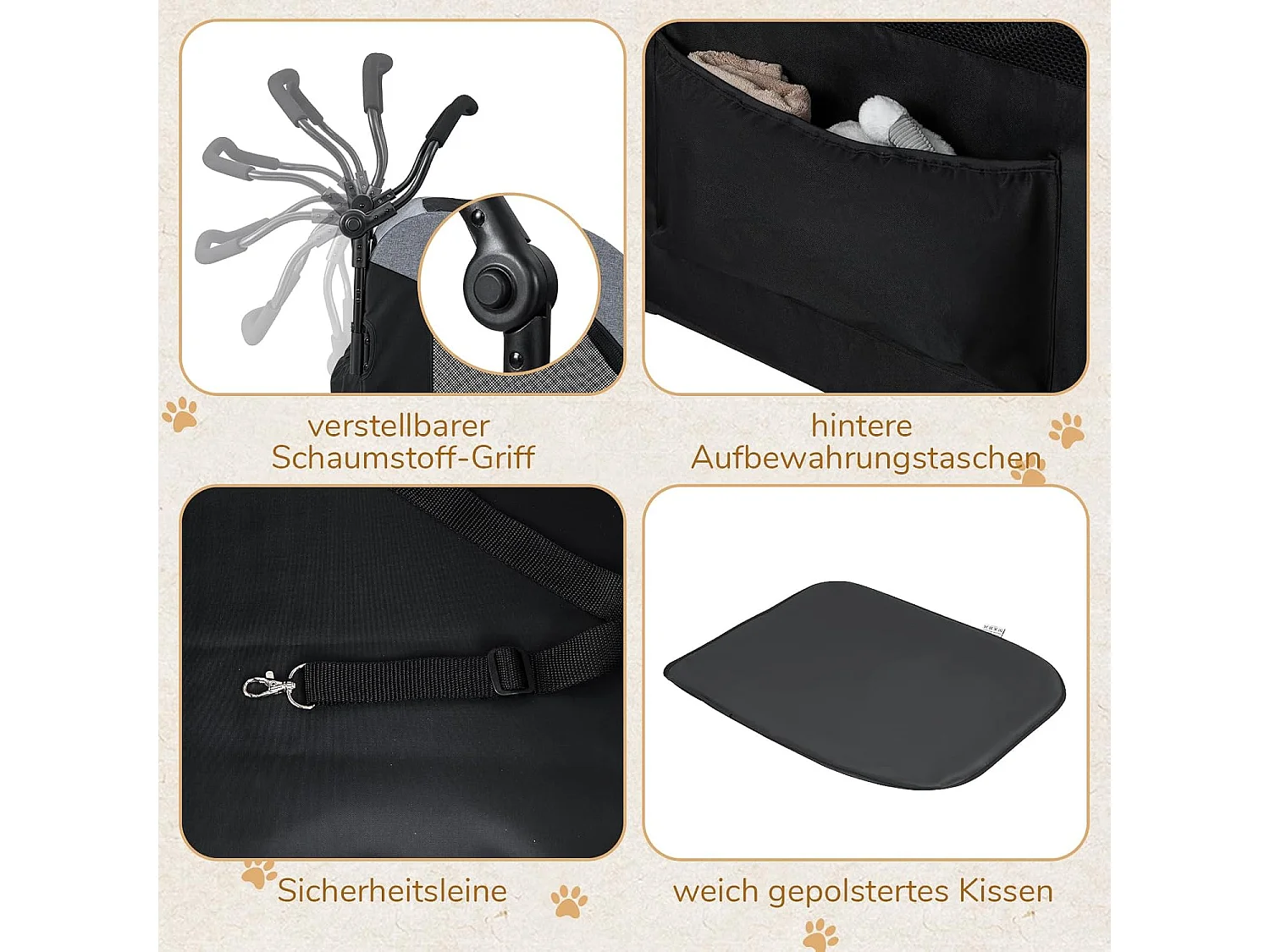 Hundewagen bis 60kg, Hundebuggy klappbar, mit Vordertür, Dachfenster, verstellbarem Griff