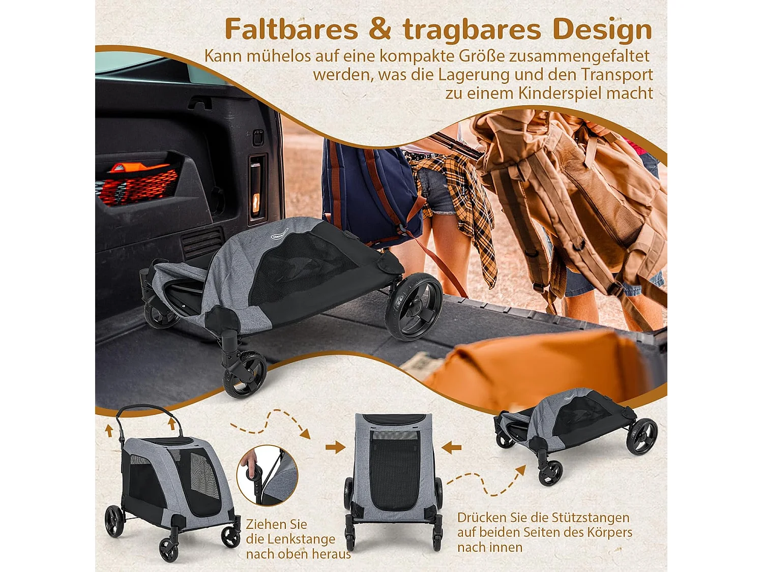 Hundewagen bis 60kg, Hundebuggy klappbar, mit Vordertür, Dachfenster, verstellbarem Griff