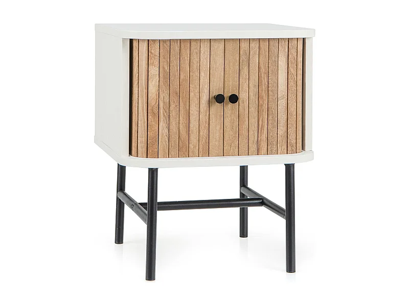 Comodino con ante scorrevoli scomparto chiuso gambe metalliche, Tavolino mid-centuryo laterale per soggiorno Bianco