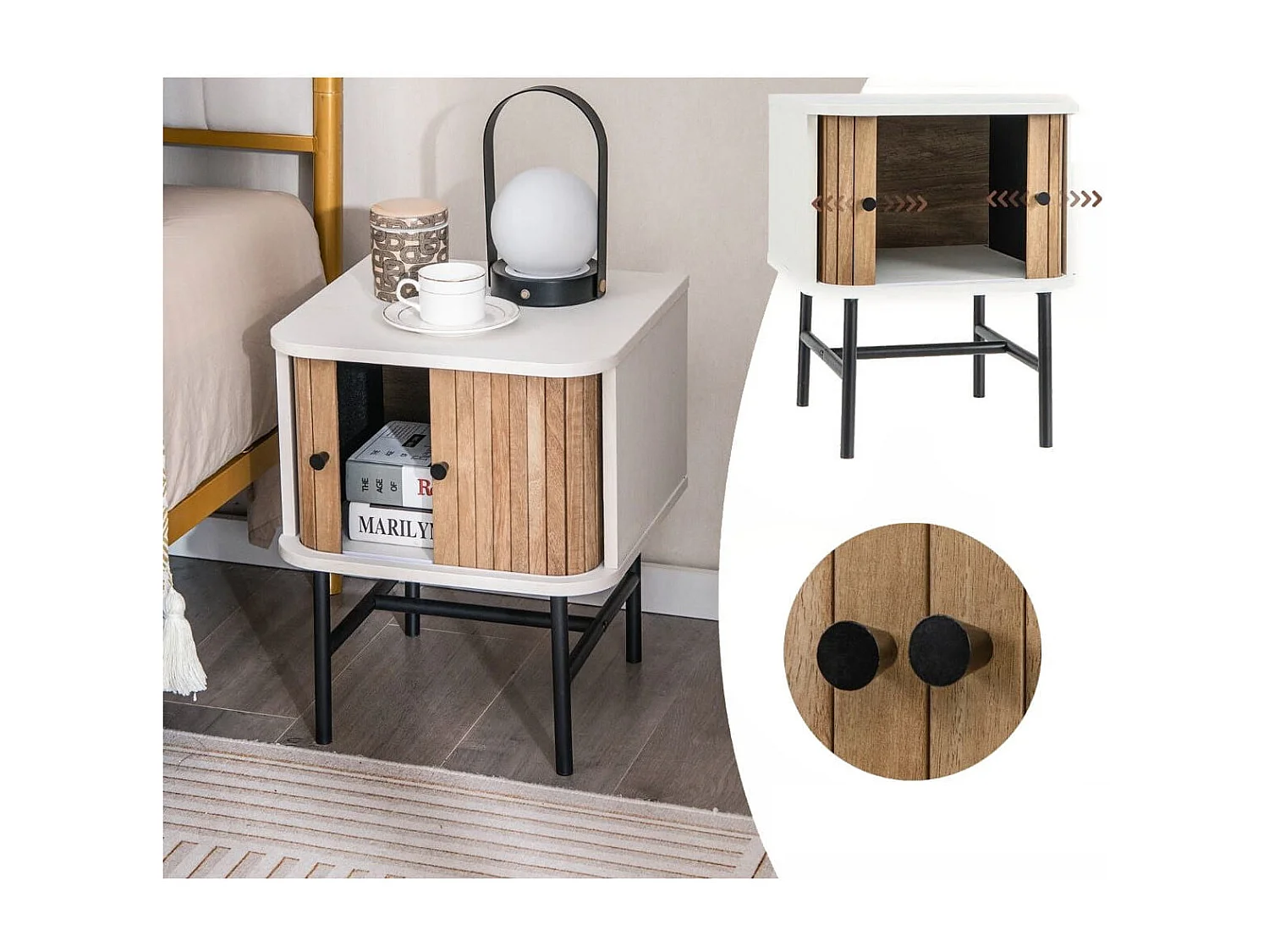 Comodino con ante scorrevoli scomparto chiuso gambe metalliche, Tavolino mid-centuryo laterale per soggiorno Bianco