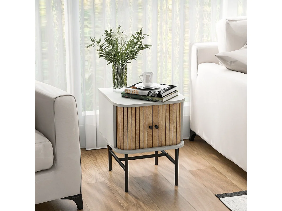 Comodino con ante scorrevoli scomparto chiuso gambe metalliche, Tavolino mid-centuryo laterale per soggiorno Bianco