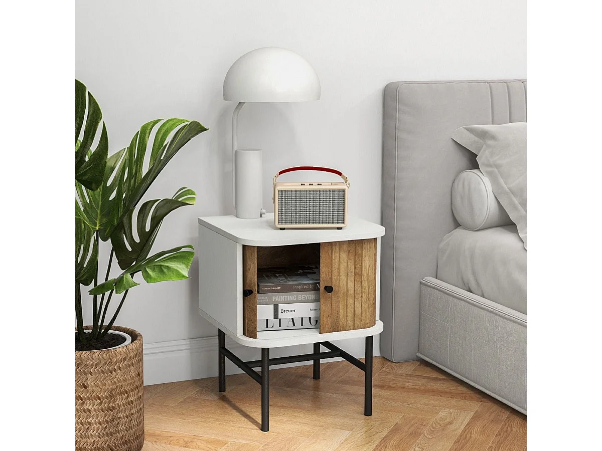 Comodino con ante scorrevoli scomparto chiuso gambe metalliche, Tavolino mid-centuryo laterale per soggiorno Bianco