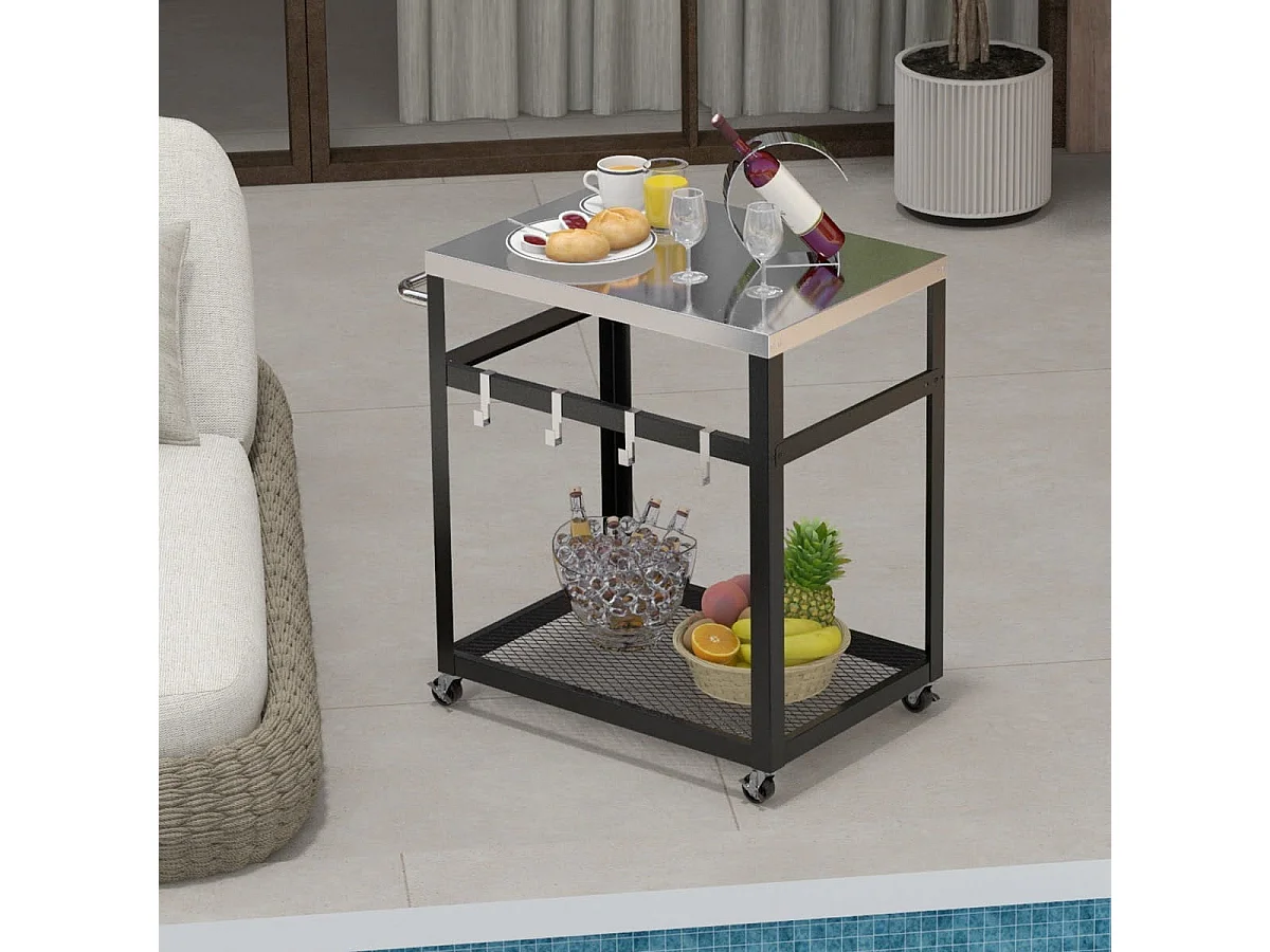 2-stöckiger Grillwagen aus Edelstahl mit Rädern & Griff & Haken Outdoor-Wagen Arbeitstisch