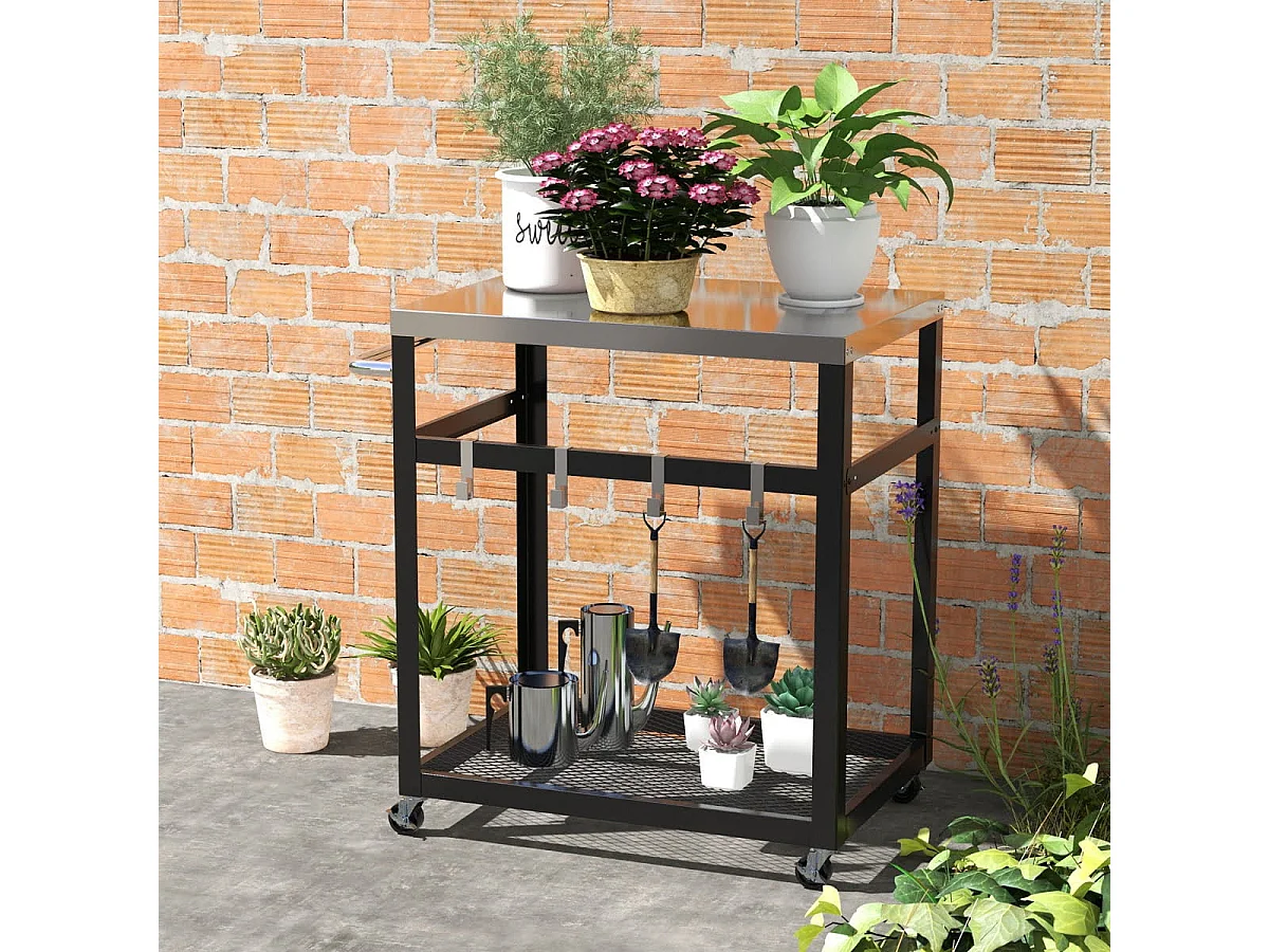 2-stöckiger Grillwagen aus Edelstahl mit Rädern & Griff & Haken Outdoor-Wagen Arbeitstisch