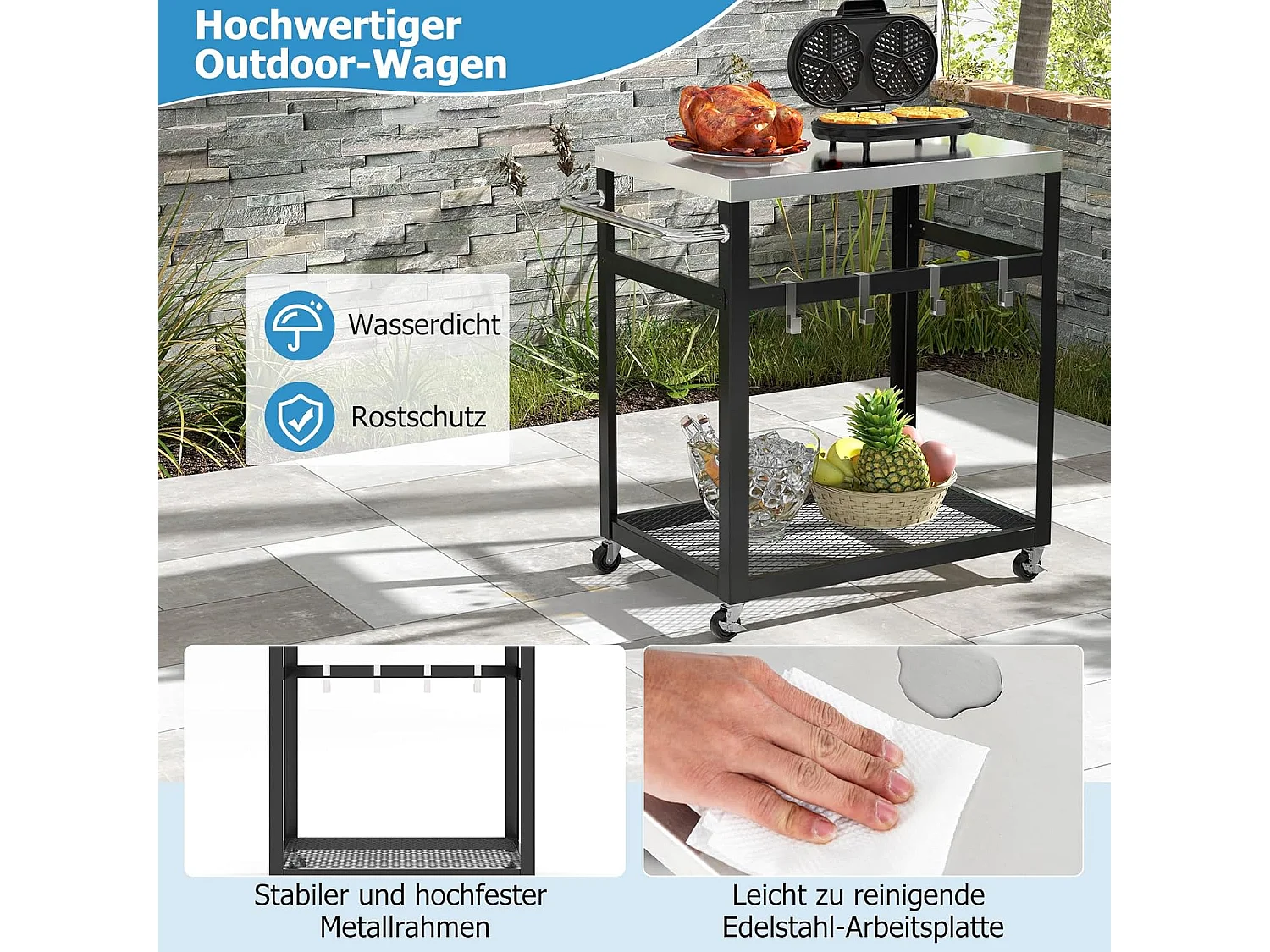 2-stöckiger Grillwagen aus Edelstahl mit Rädern & Griff & Haken Outdoor-Wagen Arbeitstisch