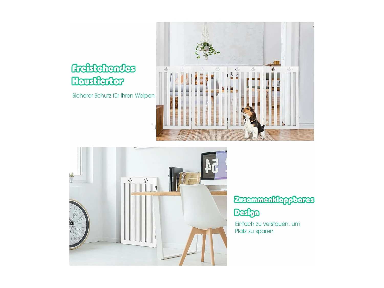 Absperrgitter Hunde 89cm Hoch, Schutzgitter Holz, Kindergitter klappbar, Treppengitter Hundeabsperrgitter flexibel Türschutzgitter (4 Paneelen, Weiß) BE9625