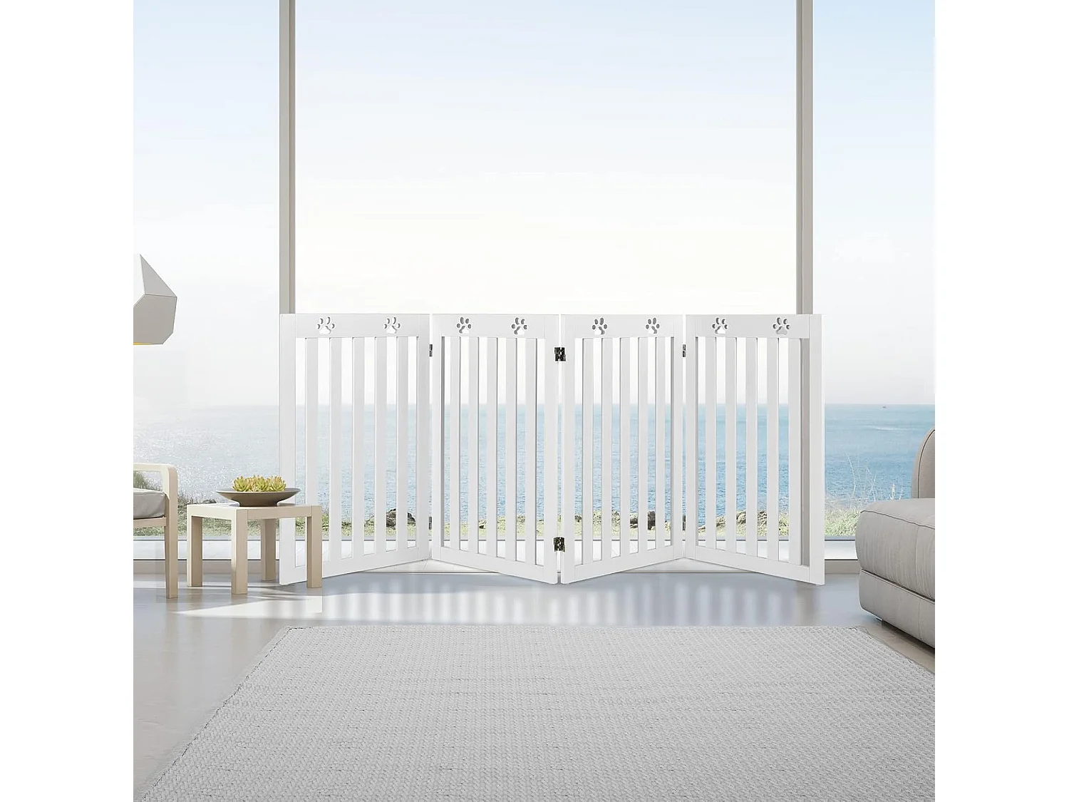 Absperrgitter Hunde 89cm Hoch, Schutzgitter Holz, Kindergitter klappbar, Treppengitter Hundeabsperrgitter flexibel Türschutzgitter (4 Paneelen, Weiß) BE9625