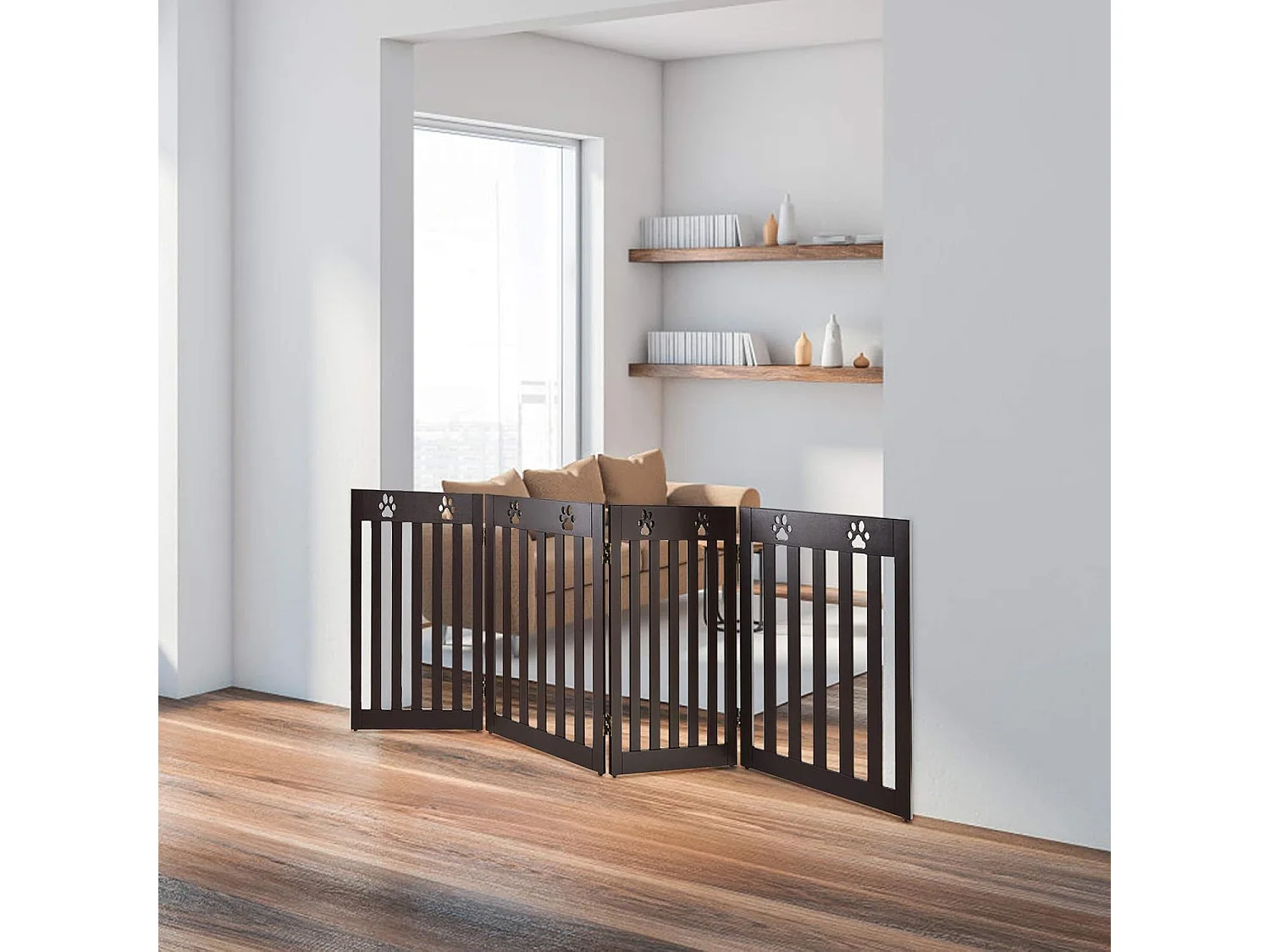 Absperrgitter Hunde, Schutzgitter Holz, Kindergitter klappbar, Treppengitter 60cm Hoch, Hundeabsperrgitter flexibel Türschutzgitter (4 Paneelen, Braun) BE9623