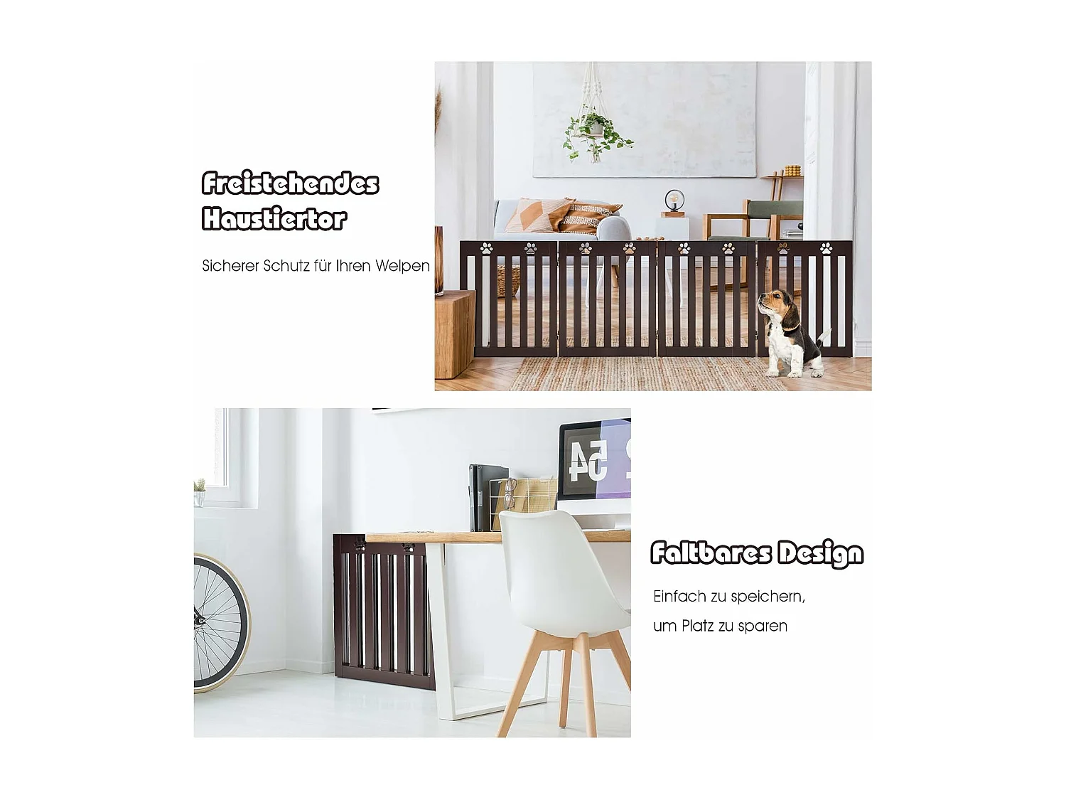 Absperrgitter Hunde, Schutzgitter Holz, Kindergitter klappbar, Treppengitter 60cm Hoch, Hundeabsperrgitter flexibel Türschutzgitter (4 Paneelen, Braun) BE9623