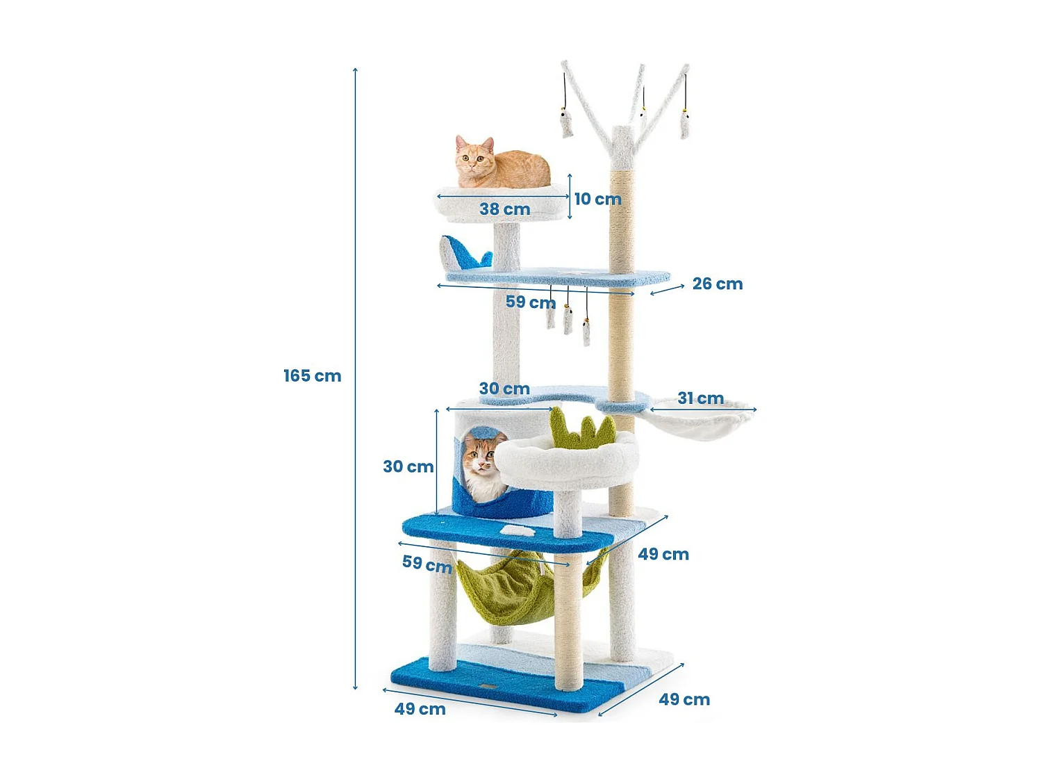 Kratzbaum im Meeresmotiv mit Sisalpfosten & Katzenhöhle & Sitzflächen & Hängematte Blau