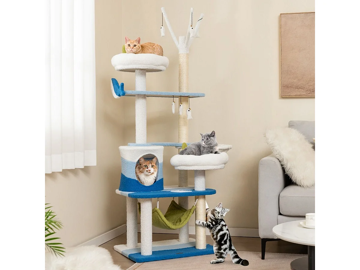 Kratzbaum im Meeresmotiv mit Sisalpfosten & Katzenhöhle & Sitzflächen & Hängematte Blau