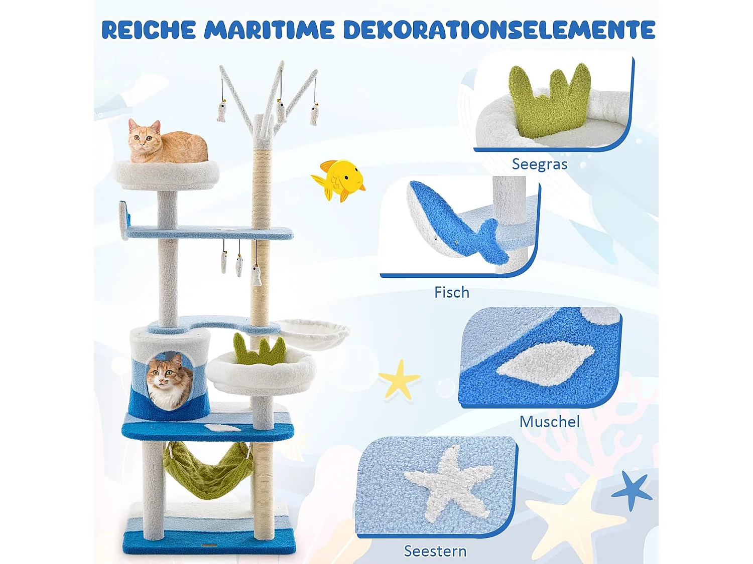 Kratzbaum im Meeresmotiv mit Sisalpfosten & Katzenhöhle & Sitzflächen & Hängematte Blau