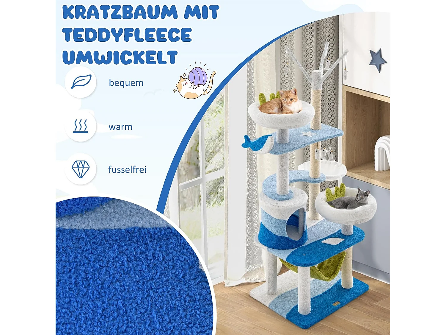 Kratzbaum im Meeresmotiv mit Sisalpfosten & Katzenhöhle & Sitzflächen & Hängematte Blau