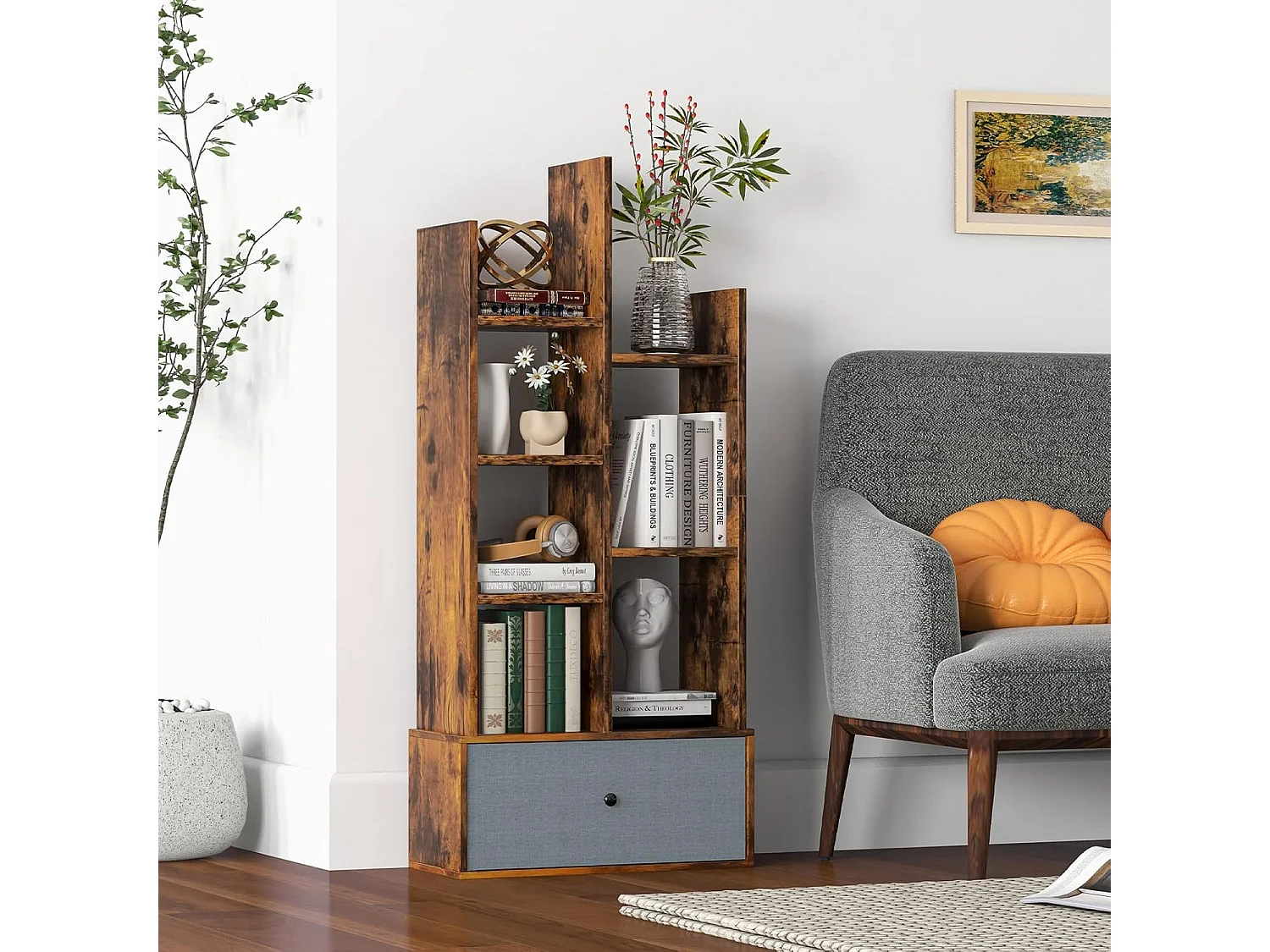 Bücherregal im Baumform, Standregal mit Schublade, Regal mit 7 Fächern, Aufbewahrungsregal für Wohnzimmer, Schlafzimmer, 53 x 24 x 118 cm (Vintagebraun) ON32628