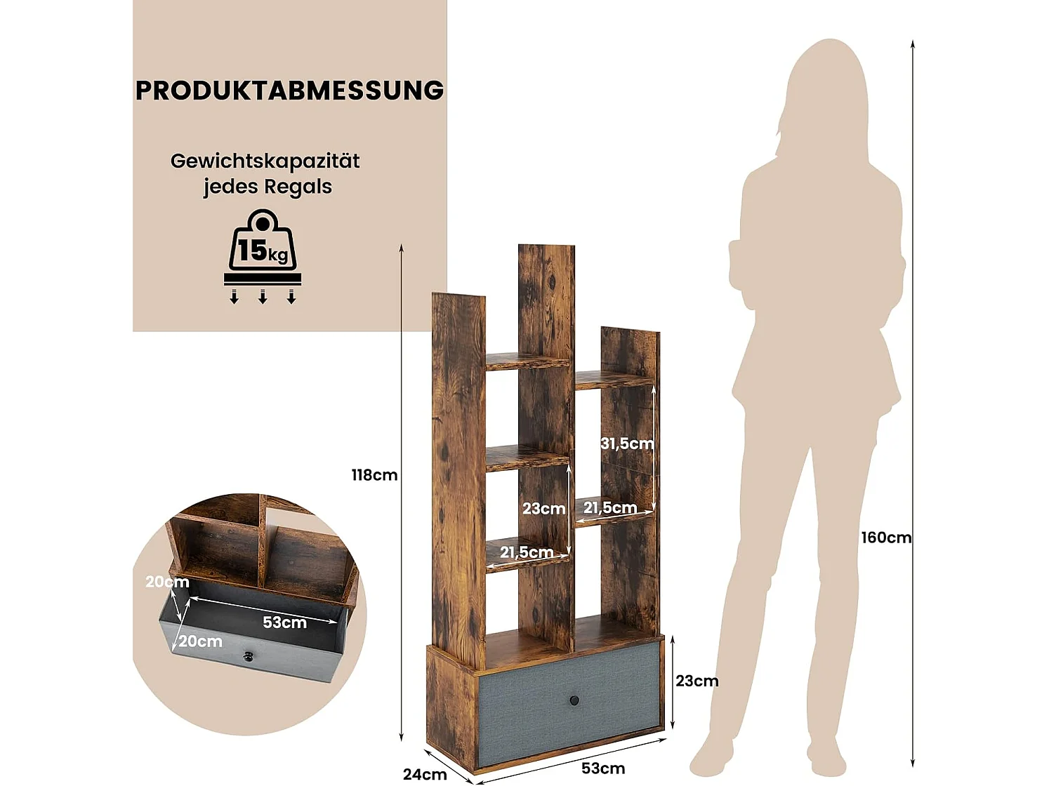 Bücherregal im Baumform, Standregal mit Schublade, Regal mit 7 Fächern, Aufbewahrungsregal für Wohnzimmer, Schlafzimmer, 53 x 24 x 118 cm (Vintagebraun) ON32628