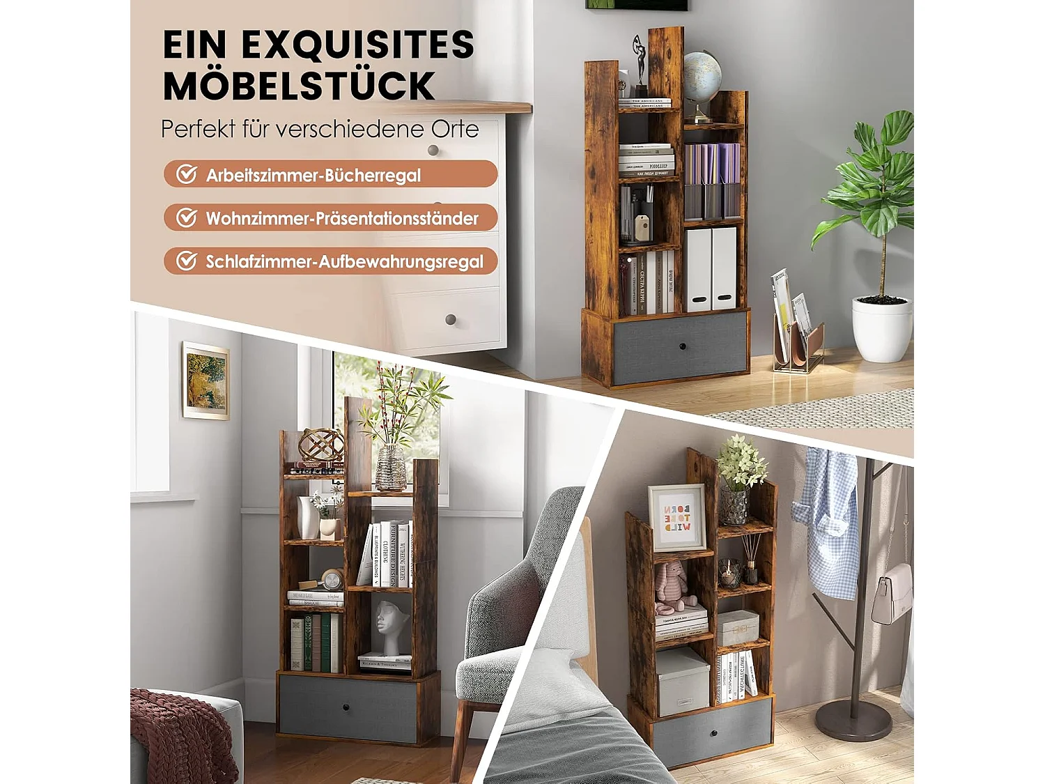 Bücherregal im Baumform, Standregal mit Schublade, Regal mit 7 Fächern, Aufbewahrungsregal für Wohnzimmer, Schlafzimmer, 53 x 24 x 118 cm (Vintagebraun) ON32628