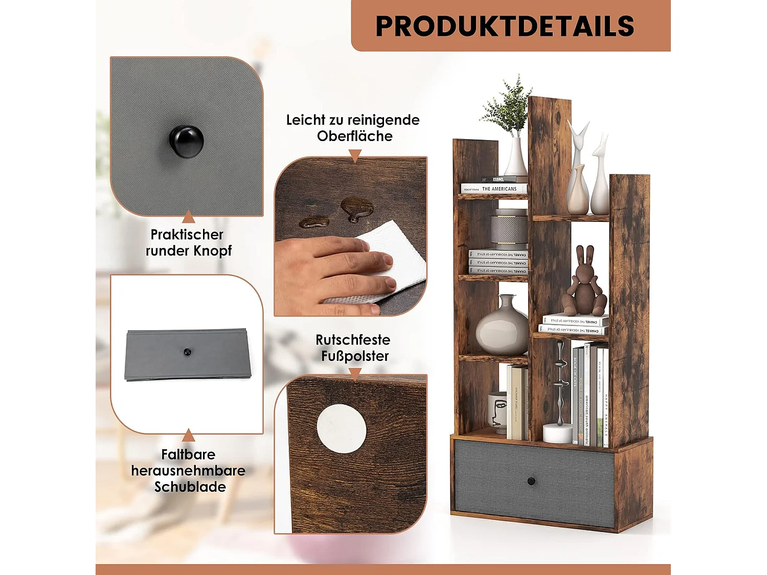 Bücherregal im Baumform, Standregal mit Schublade, Regal mit 7 Fächern, Aufbewahrungsregal für Wohnzimmer, Schlafzimmer, 53 x 24 x 118 cm (Vintagebraun) ON32628