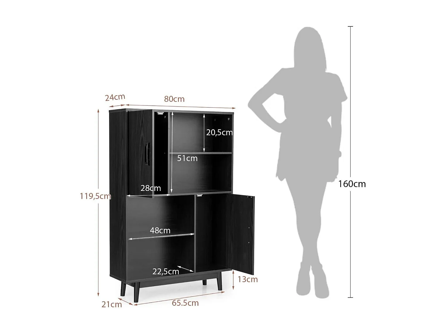 Hölzernes Bücherregal 4-stöckiges Bücherregal mit 2 Türen Aufbewahrungsschrank Schwarz
