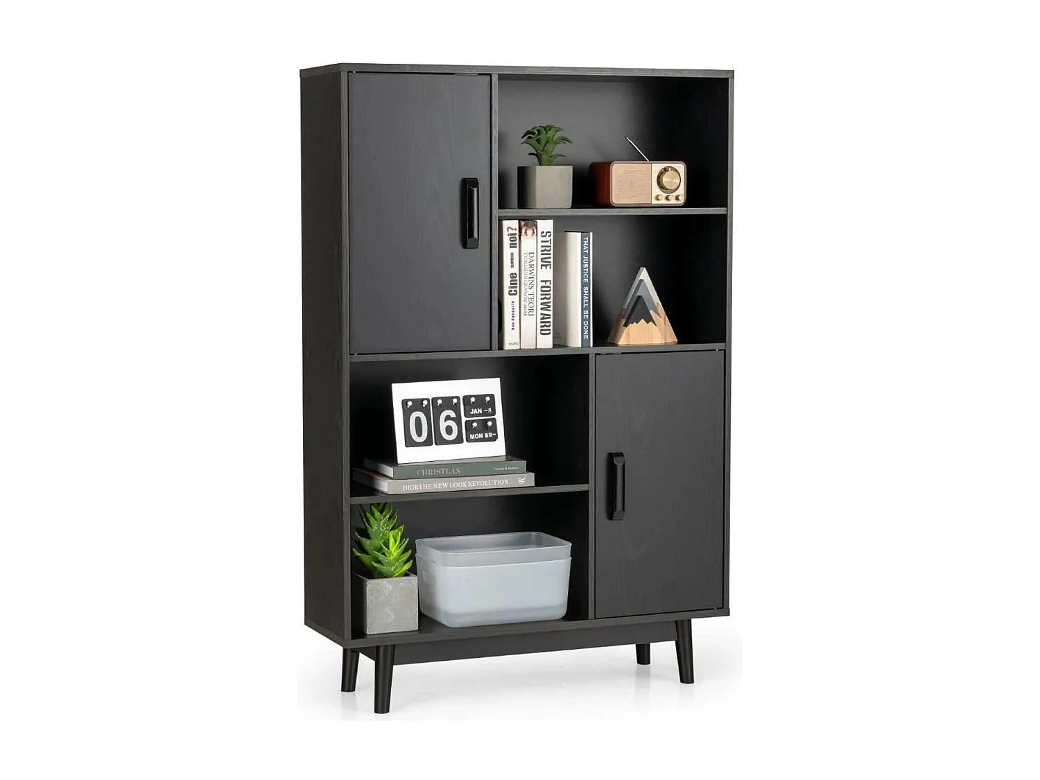 Hölzernes Bücherregal 4-stöckiges Bücherregal mit 2 Türen Aufbewahrungsschrank Schwarz