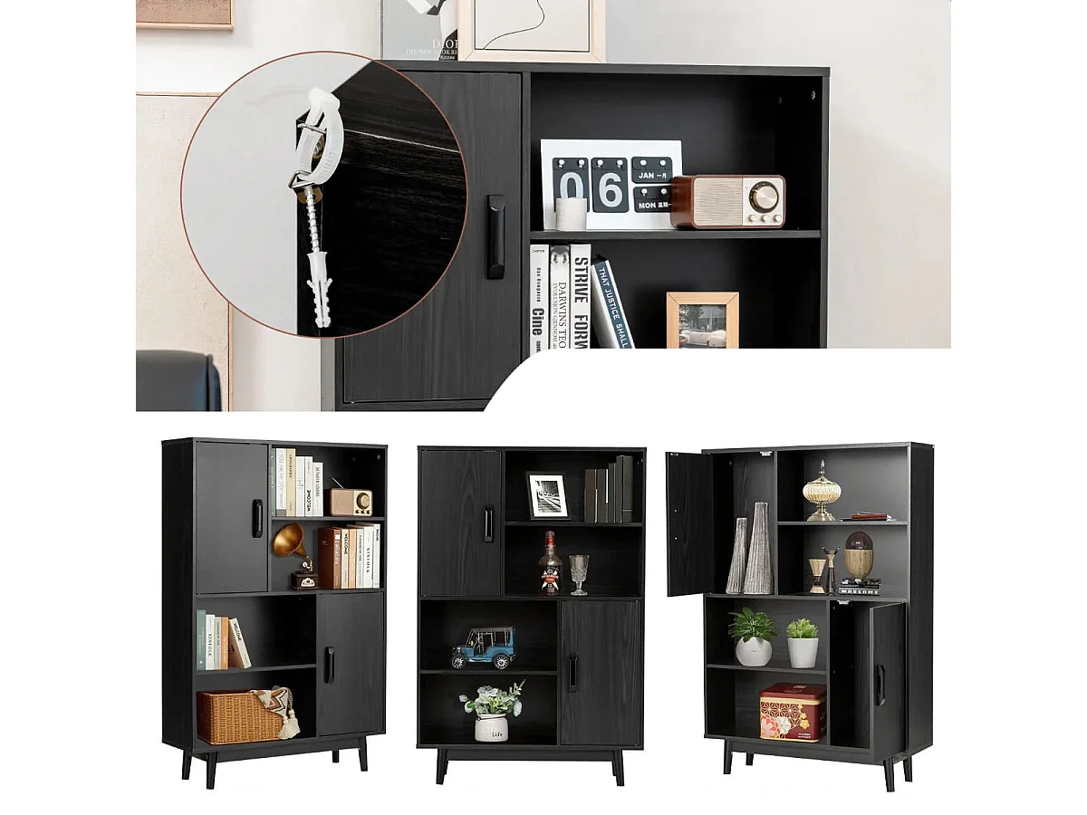 Hölzernes Bücherregal 4-stöckiges Bücherregal mit 2 Türen Aufbewahrungsschrank Schwarz