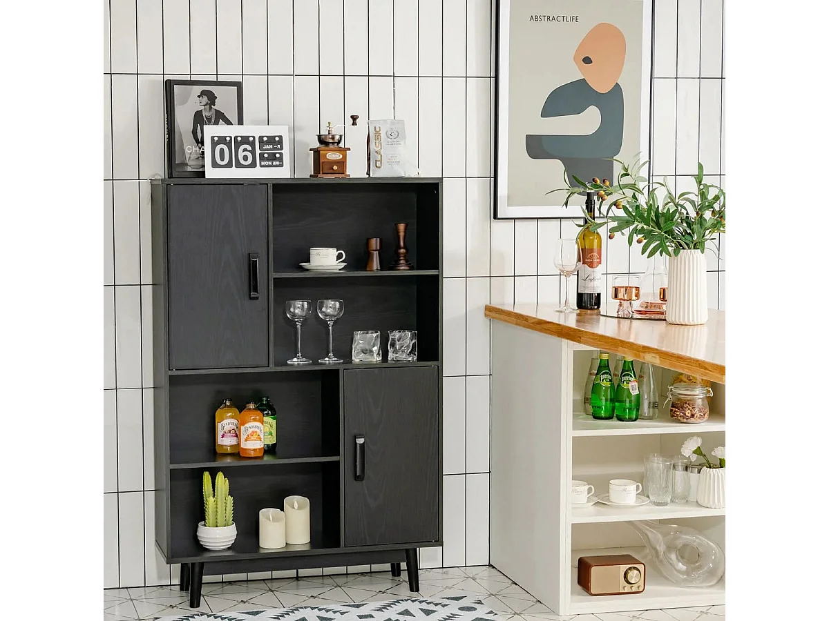 Hölzernes Bücherregal 4-stöckiges Bücherregal mit 2 Türen Aufbewahrungsschrank Schwarz