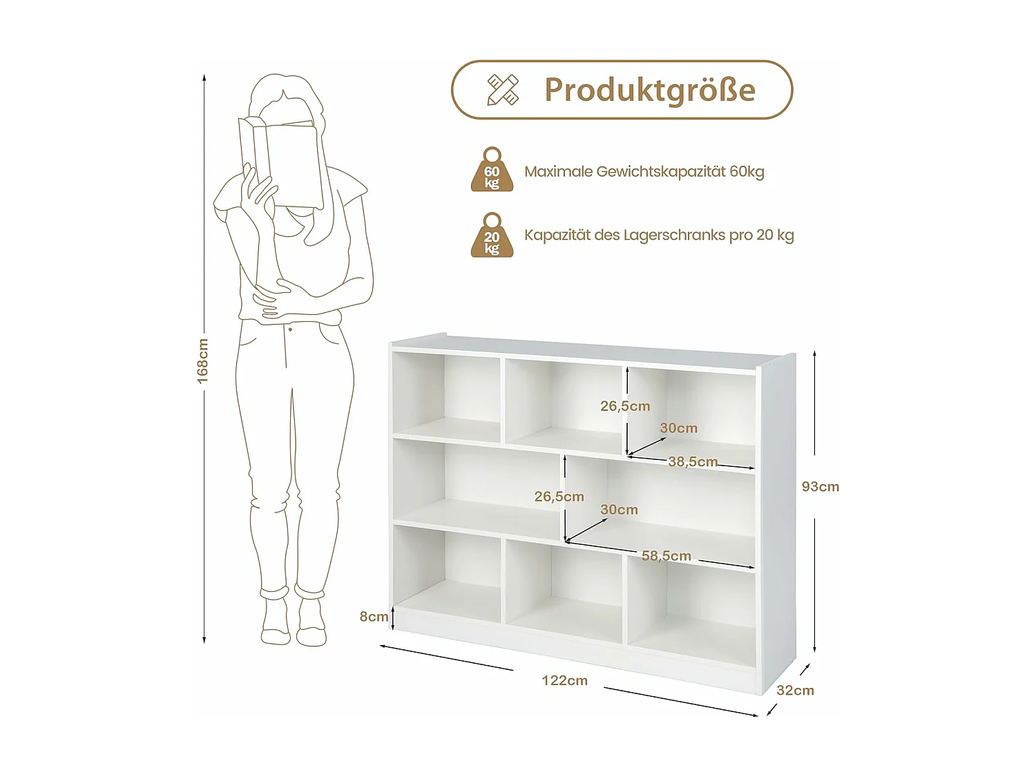 Bücherregal mit 8 Fächern, Standregal, Aufbewahrungregal für Wohnzimmer, Schlafzimmer, Arbeitszimmer, Büro, weiß, 122 x 32 x 93 cm ON32625