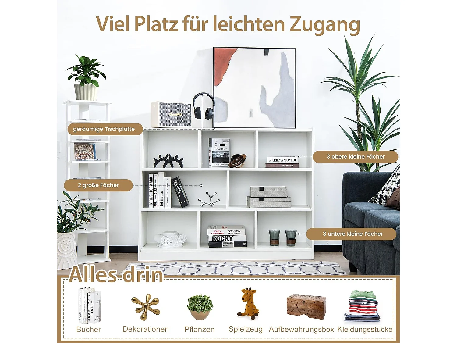 Bücherregal mit 8 Fächern, Standregal, Aufbewahrungregal für Wohnzimmer, Schlafzimmer, Arbeitszimmer, Büro, weiß, 122 x 32 x 93 cm ON32625