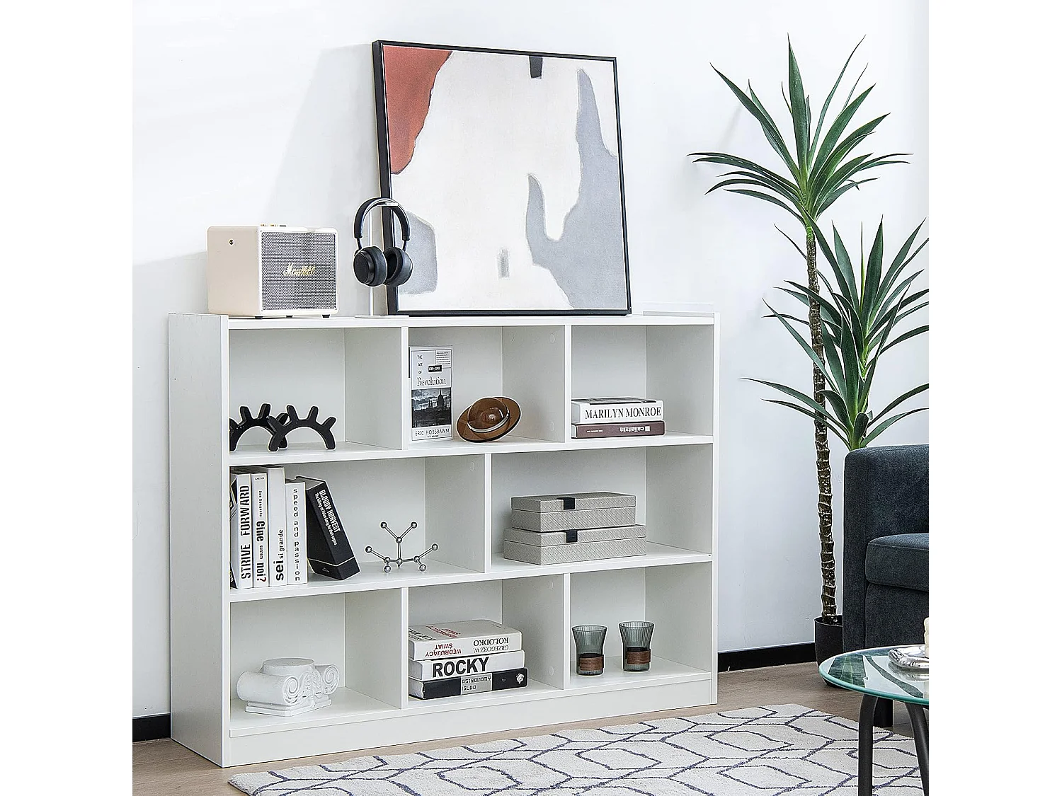 Bücherregal mit 8 Fächern, Standregal, Aufbewahrungregal für Wohnzimmer, Schlafzimmer, Arbeitszimmer, Büro, weiß, 122 x 32 x 93 cm ON32625